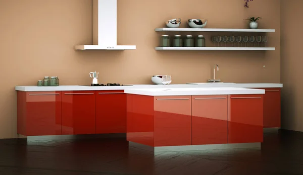 Modernt rött kök i loft med en vacker design — Stockfoto