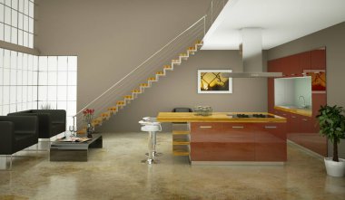 Çatı katında güzel bir tasarım ile modern kırmızı mutfak