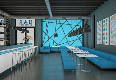 Modern mavi kahve restoran mobilya ile kapalı