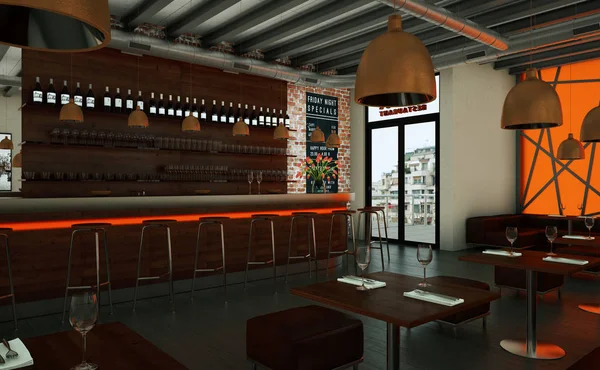 Orange coffee restaurant indoor with wooden furniture — Stock Photo, Image