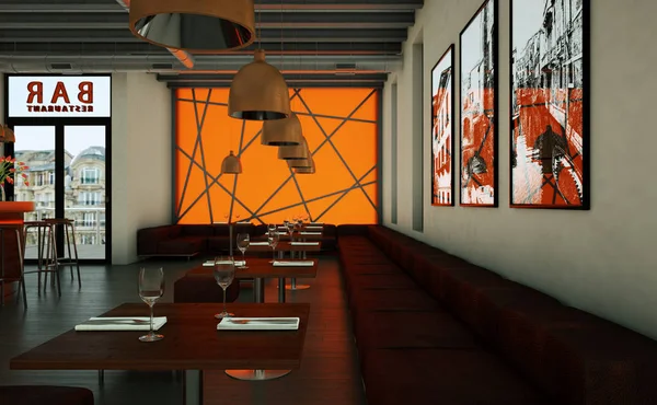 Caffè arancione ristorante interno con mobili in legno — Foto Stock
