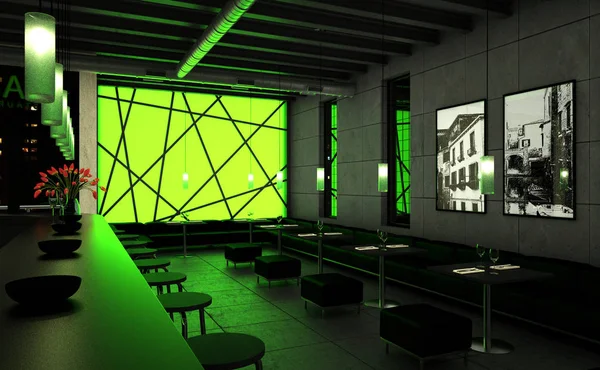 Grönt kaffe restaurang inomhus med trämöbler — Stockfoto