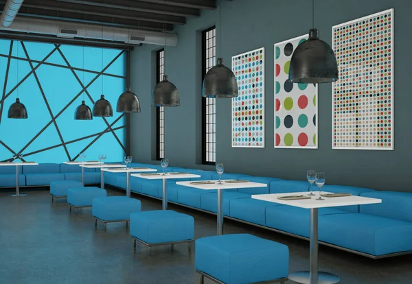 Ristorante moderno caffè blu interno con mobili — Foto Stock