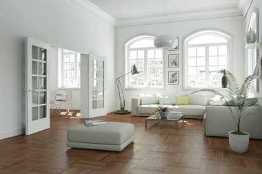 Modern parlak skandinavian iç tasarım oturma odası