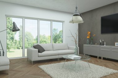 Modern parlak skandinavian iç tasarım oturma odası