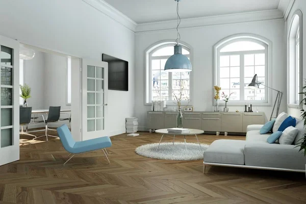 Moderní světlé skandinavian design interiéru obývacího pokoje — Stock fotografie