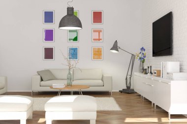 Modern parlak skandinavian iç tasarım oturma odası