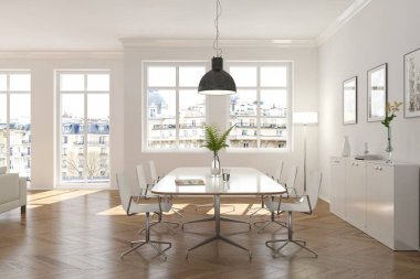 Modern beyaz skandinavian iç tasarım diining Oda 3d çizim