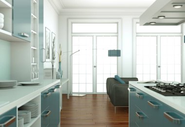 Mavi modern mutfak dekorasyon illüstrasyon