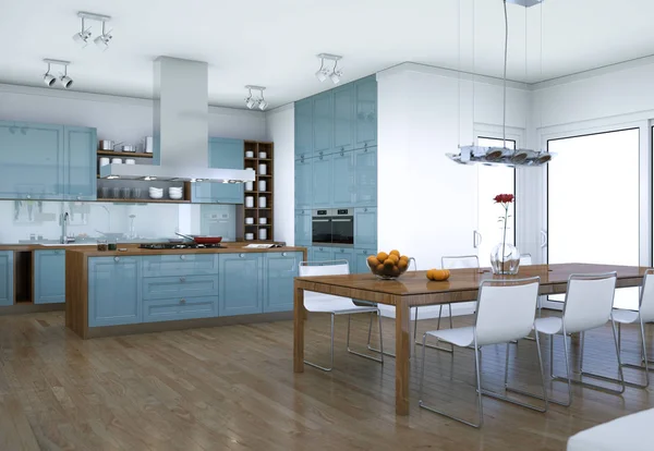 Blue modern kitchen interior design illustration — Stock Photo, Image