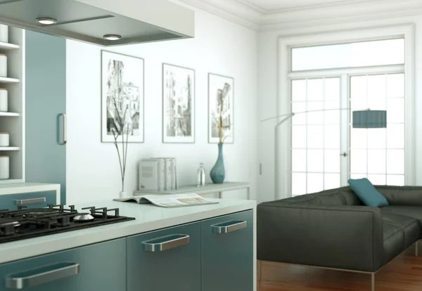 Azul cocina moderna diseño interior ilustración — Foto de Stock