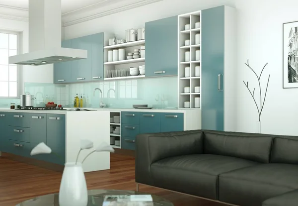 Azul cocina moderna diseño interior ilustración — Foto de Stock