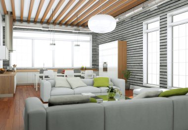 Modern aydınlık oturma odası iç tasarım kanepeler ve ahşap duvar ile