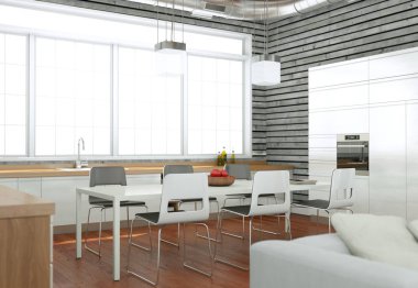 Modern aydınlık oturma odası iç tasarım kanepeler ve ahşap duvar ile