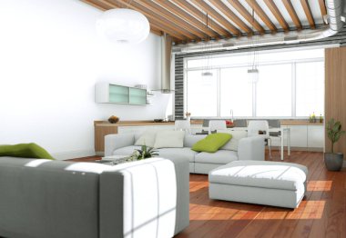 Modern aydınlık oturma odası iç tasarım kanepeler ve ahşap duvar ile