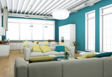 Modern aydınlık oturma odası iç tasarım kanepeler ve mavi duvar ile