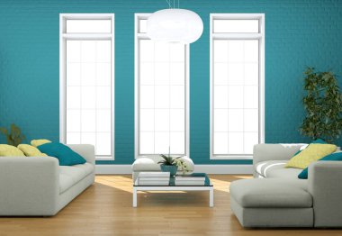 Modern aydınlık oturma odası iç tasarım kanepeler ve mavi duvar ile