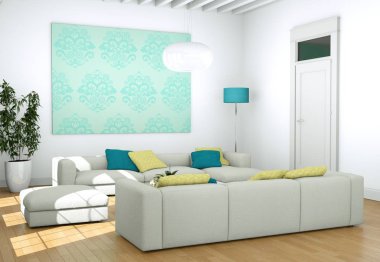 Modern aydınlık oturma odası iç tasarım kanepeler ve mavi duvar ile