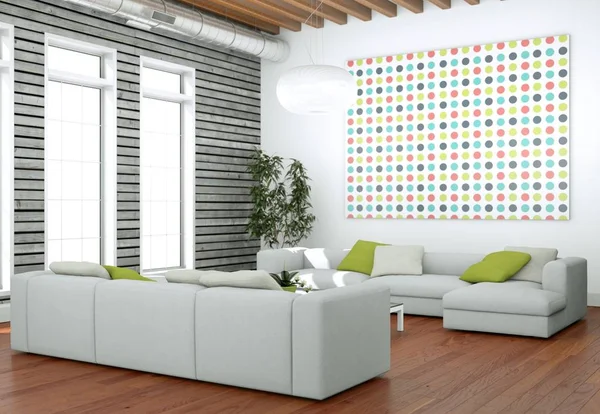 Moderne helle Wohnzimmereinrichtung mit Sofas und Holzwand — Stockfoto
