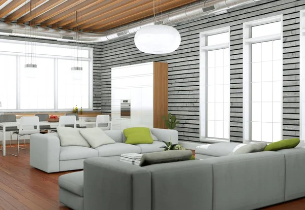 Современный светлый дизайн интерьера гостиной с диванами и деревянной стеной — стоковое фото