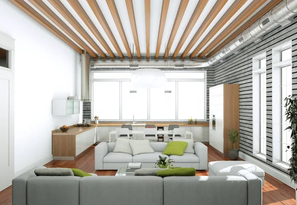 现代明亮客厅室内设计与沙发和木墙 — 图库照片