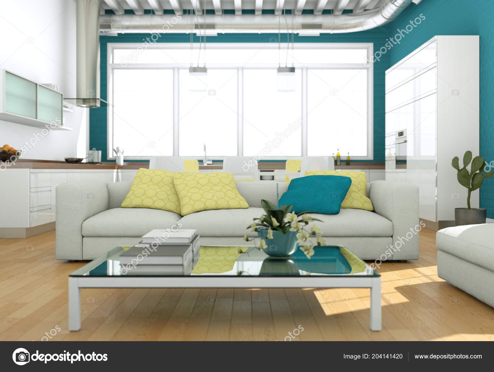 Modern Bright Living Room Interior Design With Sofas And Blue Wall