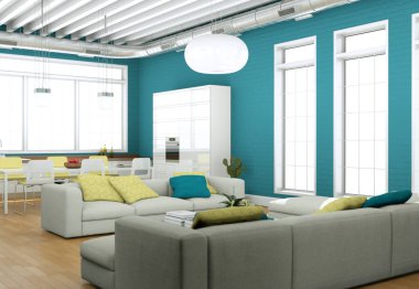 Modern aydınlık oturma odası iç tasarım kanepeler ve mavi duvar ile