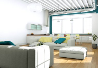 Modern aydınlık oturma odası iç tasarım kanepeler ve mavi duvar ile