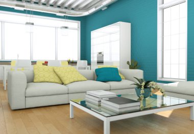 Modern aydınlık oturma odası iç tasarım kanepeler ve mavi duvar ile