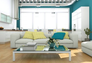 Modern aydınlık oturma odası iç tasarım kanepeler ve mavi duvar ile