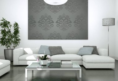 Modern aydınlık oturma odası iç tasarım kanepeler ve gri Duvar ile