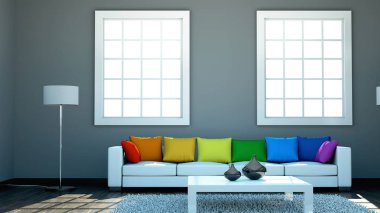 İç tasarım modern parlak oda beyaz kanepe ve gökkuşağı yastık ile