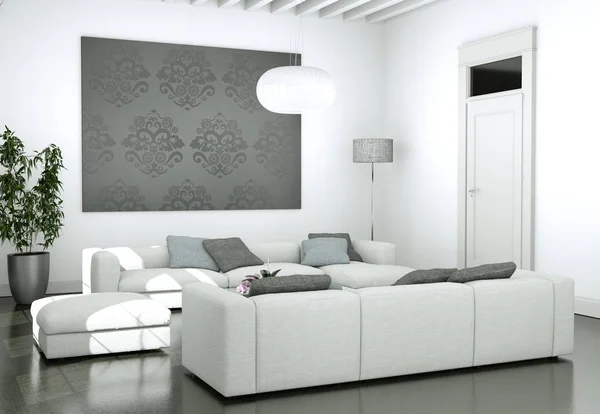 Moderno diseño interior luminoso salón con sofás y pared gris — Foto de Stock