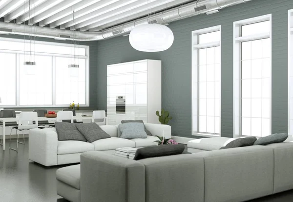 Design intérieur moderne et lumineux avec canapés et mur gris — Photo