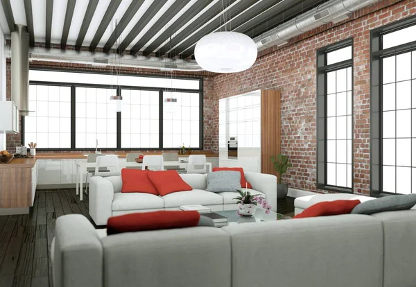 Design de interiores moderna sala de estar brilhante com sofás e stonewall — Fotografia de Stock