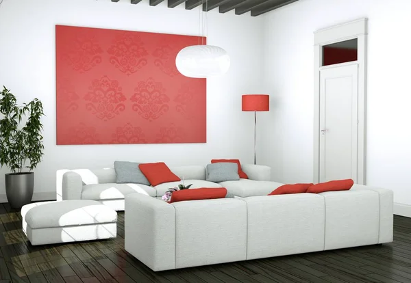 Современный светлый дизайн интерьера гостиной с диванами и каменной стеной — стоковое фото