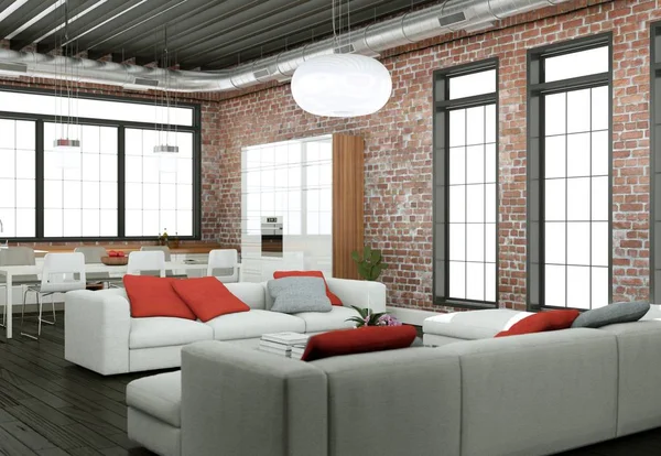 Moderní světlý obývací pokoj design interiéru s pohovkami a stonewall — Stock fotografie