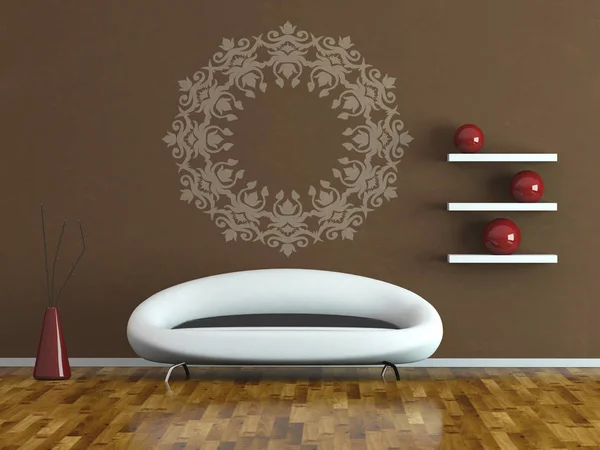 Διακόσμηση σύγχρονη φωτεινό δωμάτιο με λευκό καναπέ — Φωτογραφία Αρχείου