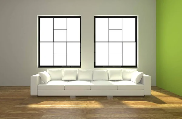 Διακόσμηση σύγχρονη φωτεινό δωμάτιο με λευκό καναπέ — Φωτογραφία Αρχείου
