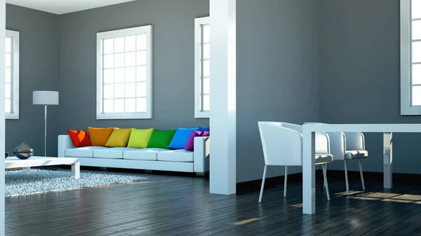 Interieur design moderne lichte kamer met witte kussens van de sofa en regenboog — Stockfoto