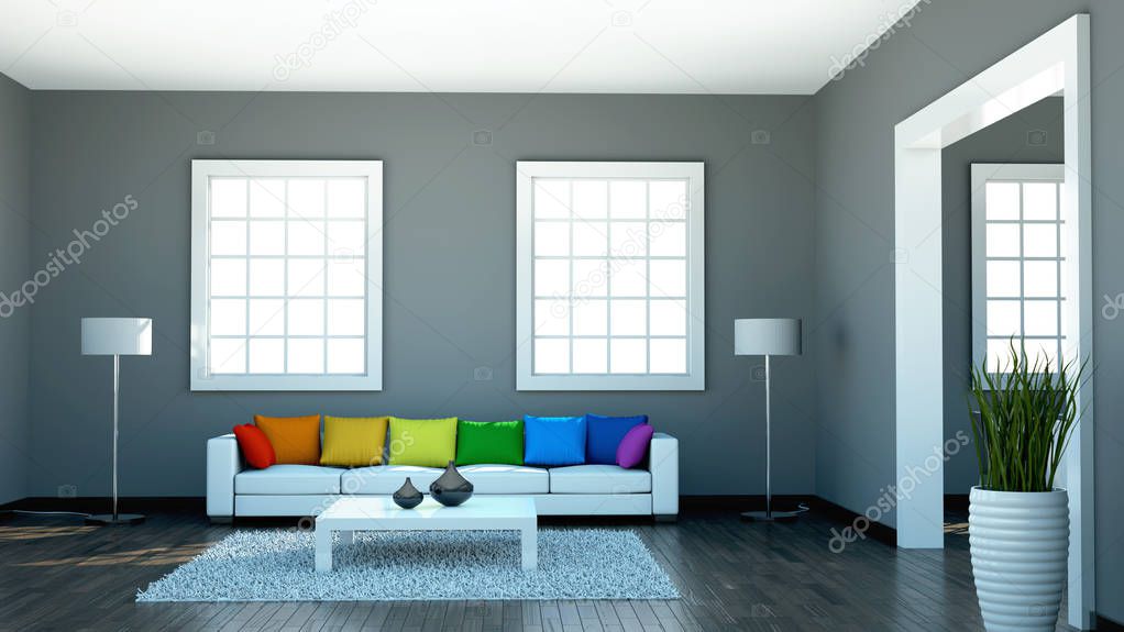 Interior design modern bright room with white sofa and rainbow pillows