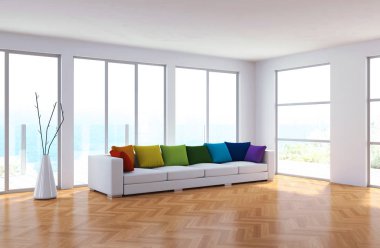3d illüstrasyon iç tasarım modern parlak oda beyaz kanepe ve rainbow ile yastık