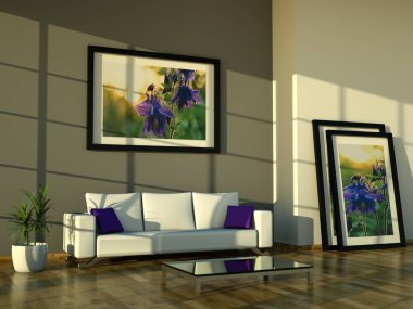 İç tasarım modern parlak oda beyaz kanepe ile 3d çizim