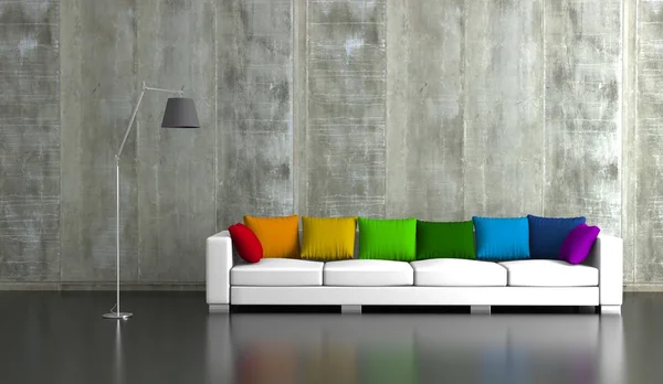 Habitación luminosa moderna de diseño interior con sofá blanco y almohadas de arco iris —  Fotos de Stock