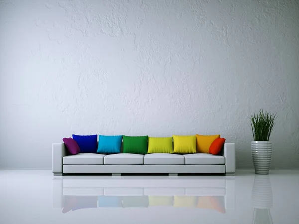 Interior design modern bright room with white sofa and rainbow pillows — Stock Photo, Image