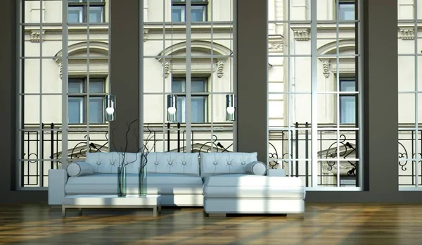 Projektowanie wnętrz nowoczesne jasny pokój z białej kanapie — Zdjęcie stockowe