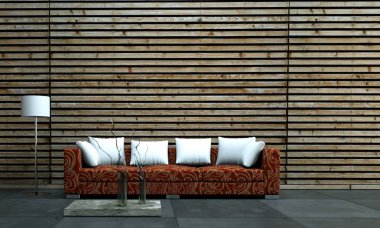 İç tasarım modern parlak oda orangesofa ile 3d çizim