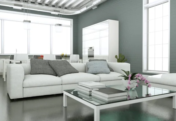 Moderno luminoso soggiorno interior design con divani e parete grigia — Foto Stock