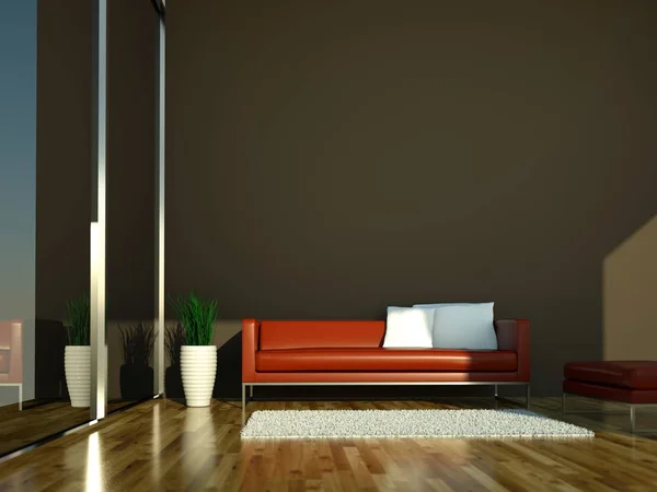 Habitación luminosa moderna de diseño interior con sofá naranja — Foto de Stock
