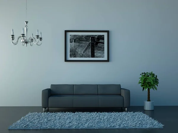 Διακόσμηση σύγχρονη φωτεινό δωμάτιο με γκρι καναπέ — Φωτογραφία Αρχείου